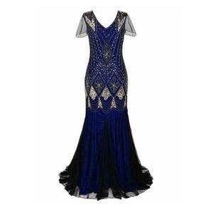 1920's Blue Gold Sequined Maxi Flapper Dress